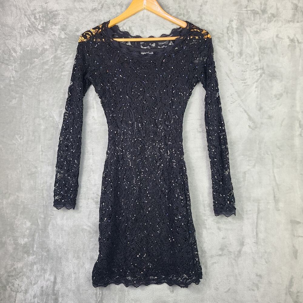 Sequin Hearts Bodycon Mini Dress Black Sheer Sleeve All Over Sequin Lace Size S